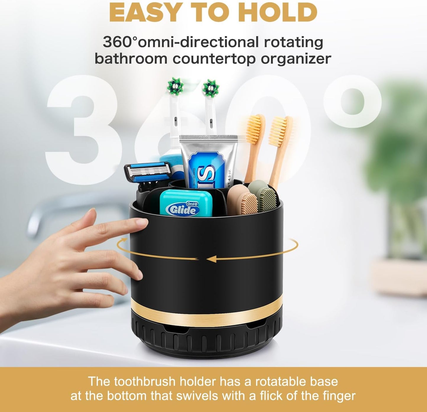 GFWARE Rotating Silver Toothbrush Holder for Bathroom Organizer, Drainage | Detachable 6 Slots Kids Electric Toothbrush and Toothpaste Holder, Bathroom Countertop Sink Storage Caddy