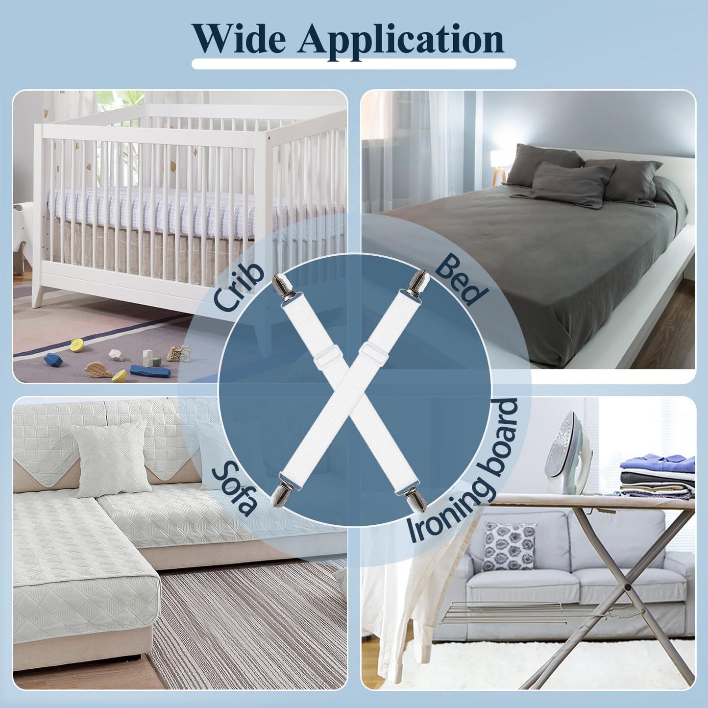 Sopito Sheet Straps, Adjustable Elastic Bed Sheet Holder, 4pcs White | Keep Sheet Firm & Tight, Non-Slip Strong Gripping Sheet Clips, Max Stretch 26.8'' for Crib to King Size Bed, Easy to Install