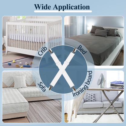 Sopito Sheet Straps, Adjustable Elastic Bed Sheet Holder, 4pcs White | Keep Sheet Firm & Tight, Non-Slip Strong Gripping Sheet Clips, Max Stretch 26.8'' for Crib to King Size Bed, Easy to Install