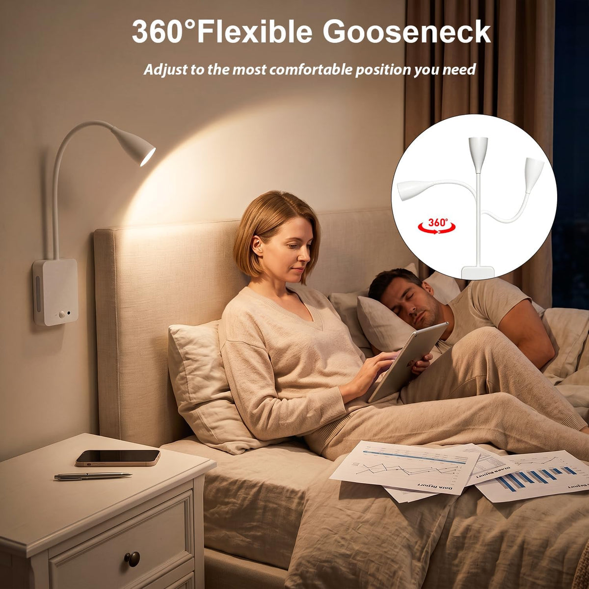 LED Wall Mounted Reading Light,4000mAh Bedside Wall Lamp with Remote Control & Motion Sensor,Book Light for Reading in Bed,3 Color Temps,Dimmable & Timers,360° Flexible Gooseneck Night Light,Black