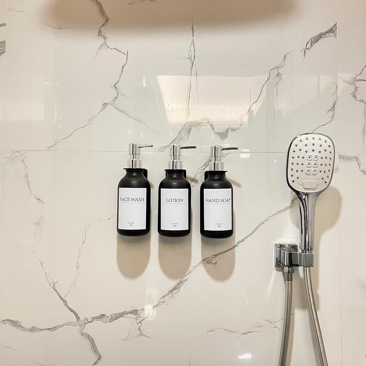 3 Pack Wall Mount Shower Dispenser, No Drill, 16 Waterproof Labels | Shampoo Dispenser for Shower Wall, Shampoo and Conditioner Dispenser, Bathroom, 17oz, Gold Amber