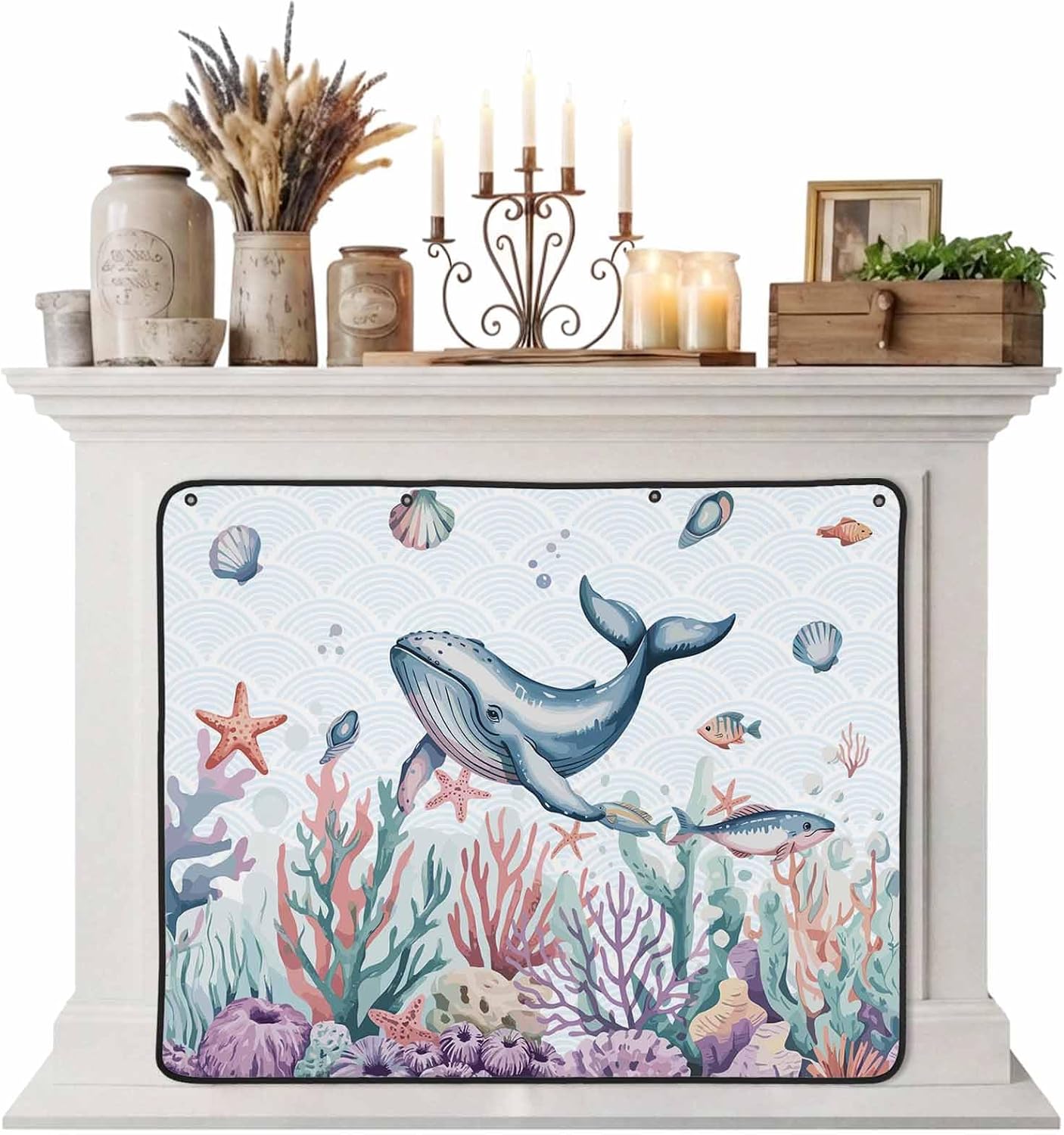 Magnetic Fireplace Cover Turtle Coral Starfish Fireplace Screen Decorative Shell Ocean Marine Life Insulation Fireplace Blocker Save Energy Fireplace Draft Stopper Covers for Living Room 39x32 Inch