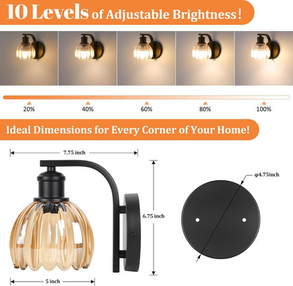 Rechargeable Battery Operated Wall Sconce Set of Two with Green Glass Lampshade, Wireless Battery Powered Wall Lamp with Remote Control, 15 Colors Gold Wall Light for Bedside Hallway Bedroom Doorway