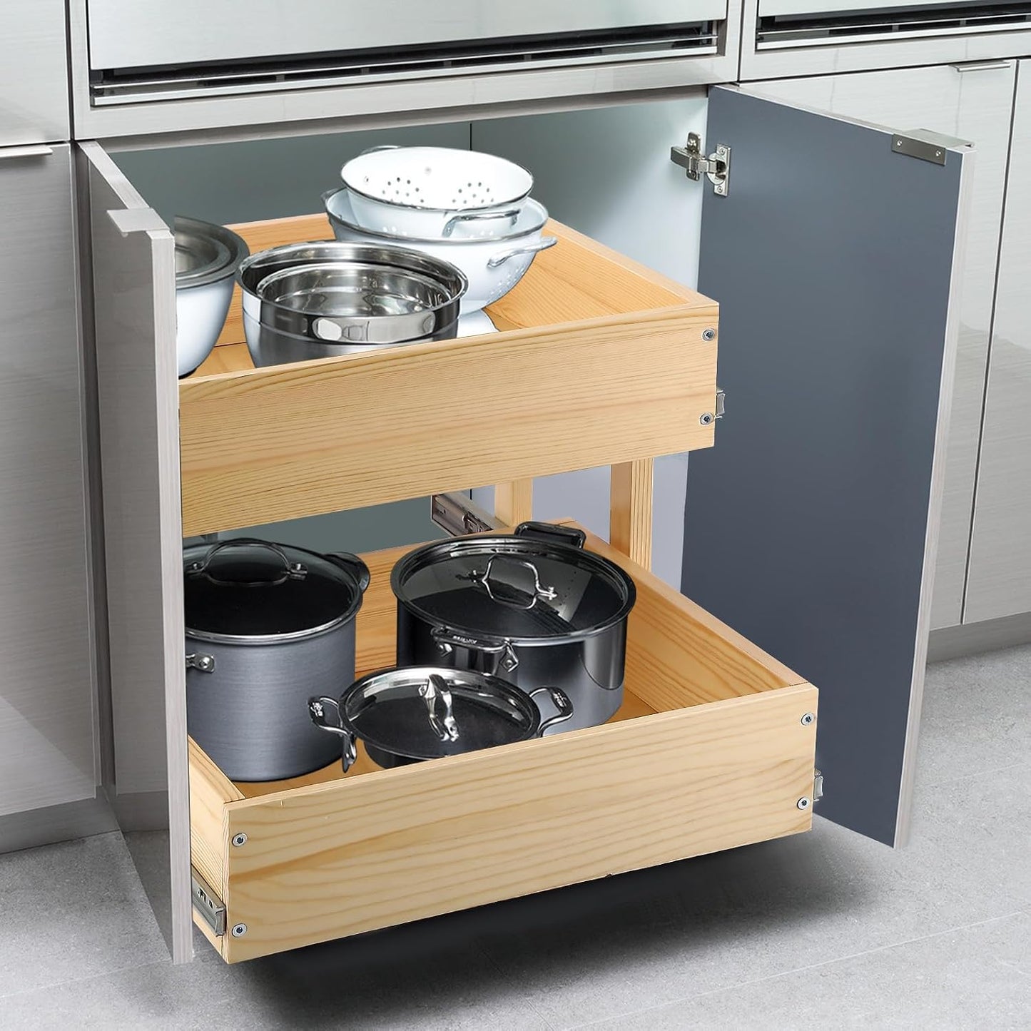 Pull Out Cabinet Organizer 17''W×21''D×16''H Slide Out Drawer | Soft Close Wood Kitchen Pullout Drawers for Cabinets Shelves for Kitchen, 2-Tier, Finished, Heavy-Duty, Bottom Assembly