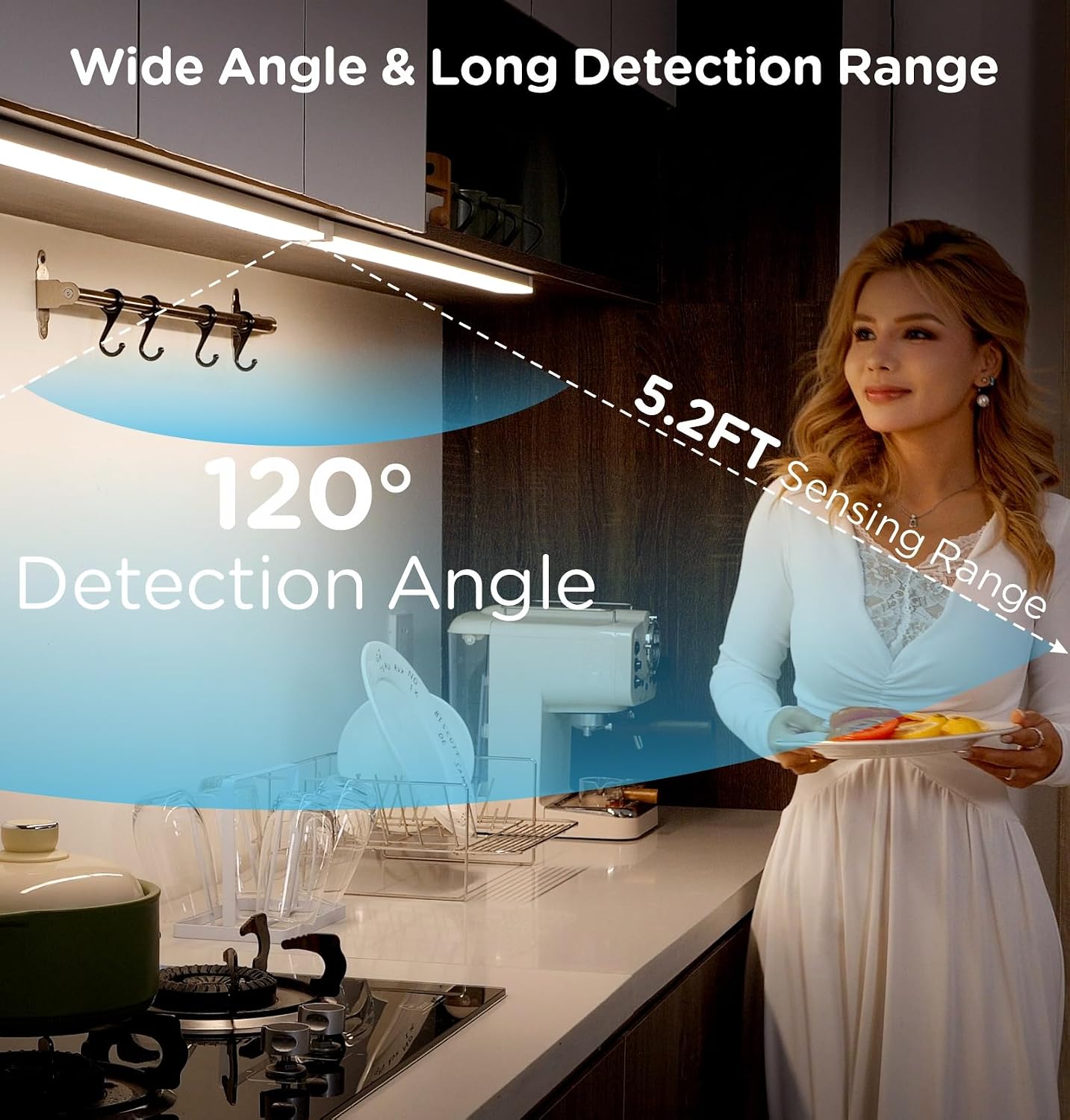 Leetdud Under Cabinet Lighting Plug in 16 Inch, 120V Motion Sensor Lights Indoor, 3CCT 3000/4000/5000K, Aluminum Linkable Super Bright LED Counter Light with Timer for Kitchen, Closet, White, 1 Pack