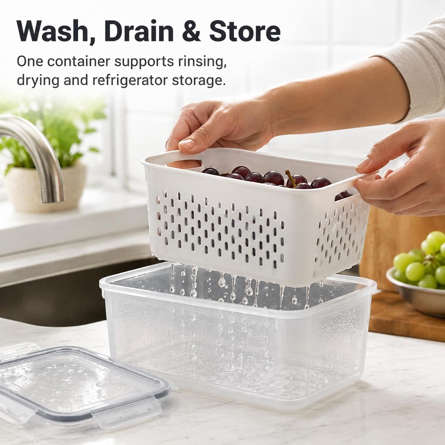 Fruit Containers 3Pcs – 4-in-1 with Removable Colanders & Lids, Fridge Fresh Storage, Dishwasher Safe