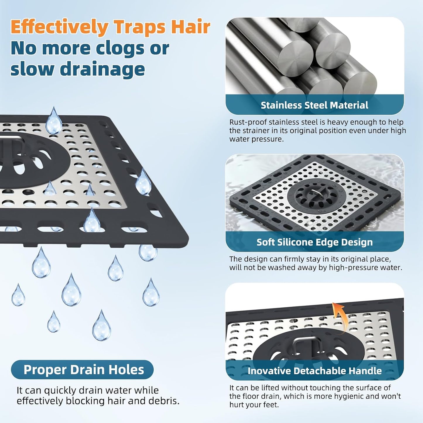 Hibbent Upgraded Shower Drain Hair Catcher for Bathroom Floor 4" Drain, Anti-Clogging Shower Drain Cover, Stainless Steel & Silicone Drain Strainer with Handle, Shower Drain Protector, Grey