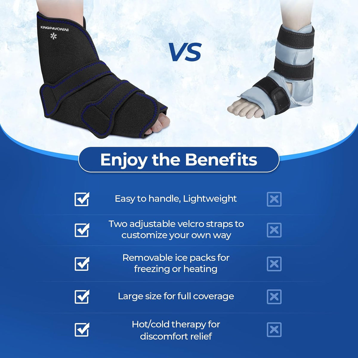 KingPavonini Ankle Foot Ice Pack Wrap, XL, Blue, 1 Wrap + 4 Gel Packs