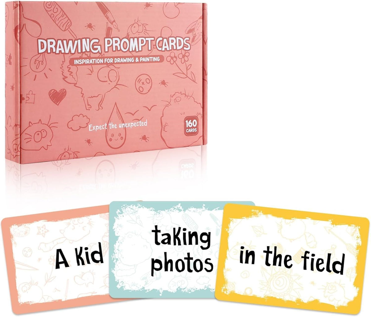 160Pcs Drawing Prompt Card for Creative Inspiration Unique Art Prompts with Characters Actions Places Include 40 Blank Dry Erase Cards Painting Ideas Game for Studio Classroom Artists Teachers Gift