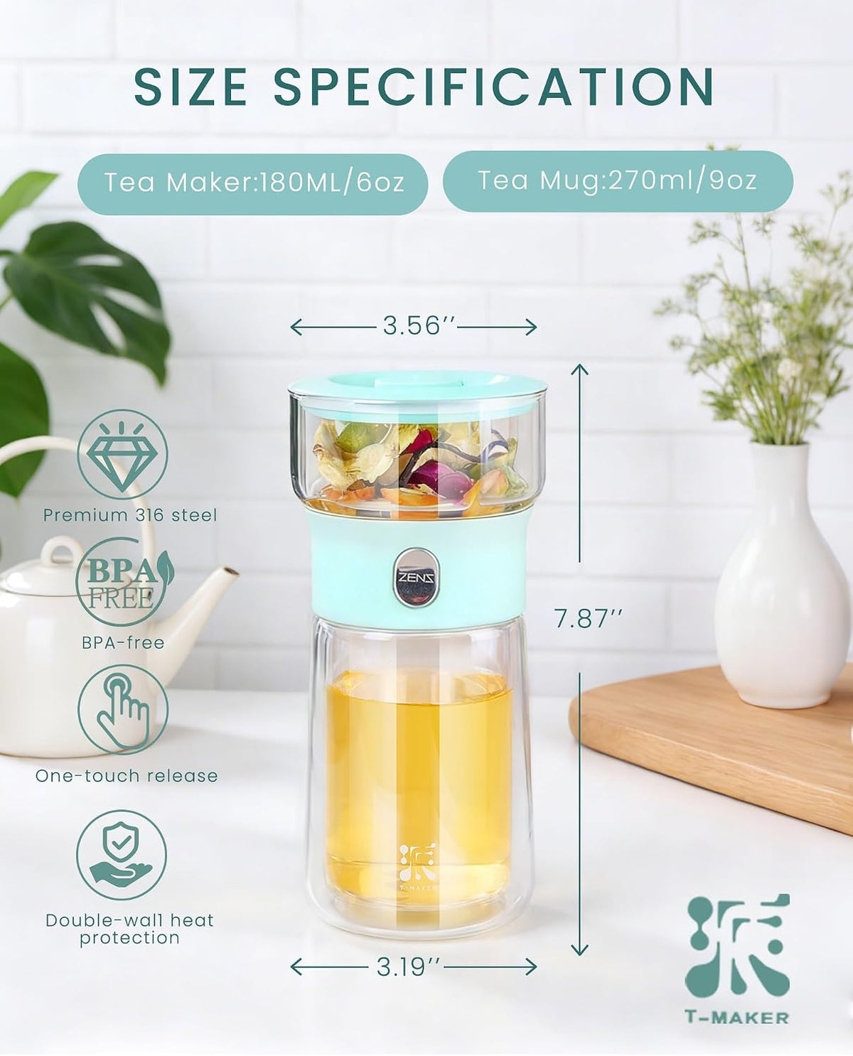 ZENS Glass Infuser Teapot, One Touch Tea Maker for Loose Leaf Tea, Walnut