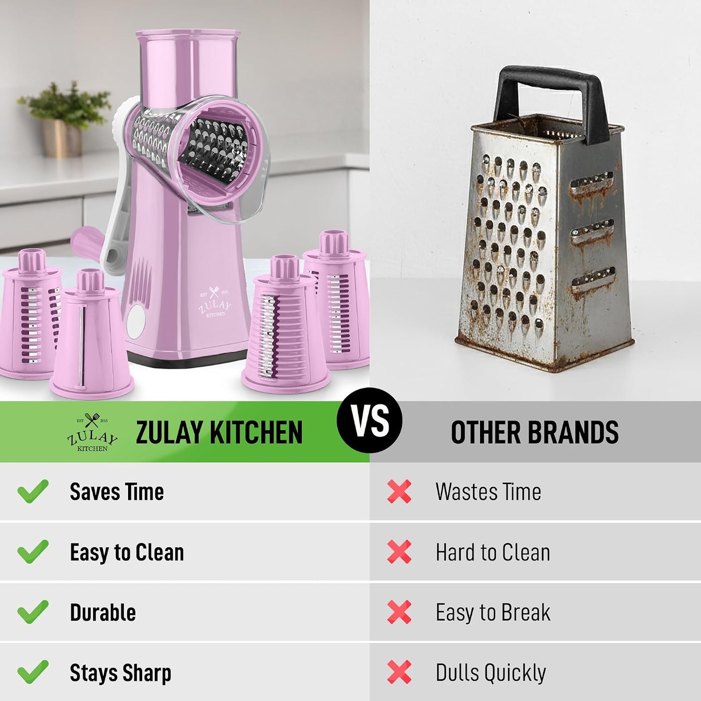 Zulay Kitchen Rotary Cheese Grater 5 Blade Cheese Shredder - Manual Hand Crank Cheese Grater With Reinforced Suction & 5 Interchangeable Drums - Easy to Use, Vegetable Chopper Round Mandoline Slicer - Colors A