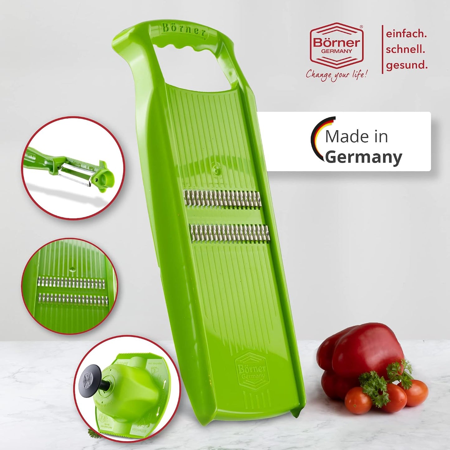 Börner Roko PowerLine Vegetable Slicer Set (2-piece) • Fine Julienne Cutter for Fruit and Vegetables + Safety Guard • Julienne Slicer • Mandoline Slicer Set • Kitchen Slicer (Red)