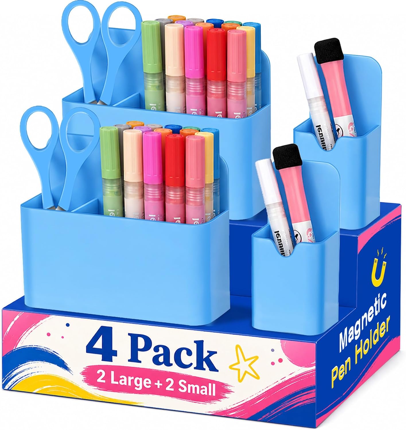 Magnetic Pen Holder, Magnetic Marker Holder, 4 Pack, White | Magnetic Cups for Dry Erase Markers, Pen Organizer for Whiteboard, Refrigerator, Locker, Cruise, Classroom, Office, School