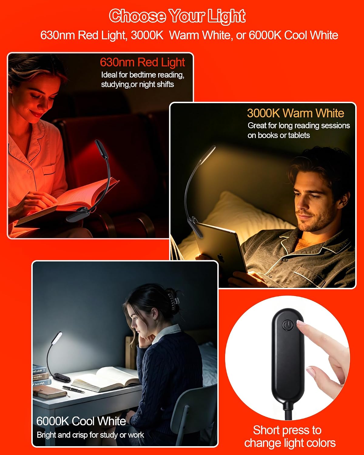 630nm Red Book Light for Reading at Night - Zero Blue Light, Dimmable Reading Lights for Books in Bed, LED Book Lamp Clip on, Gift for Students Parents Nurse Studying Travel (1 Pack)
