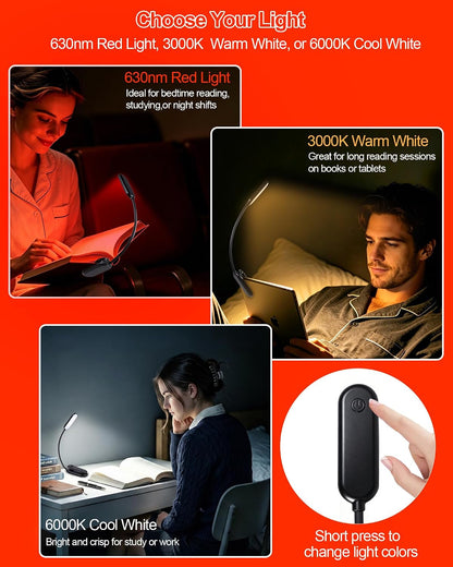 630nm Red Book Light for Reading at Night - Zero Blue Light, Dimmable Reading Lights for Books in Bed, LED Book Lamp Clip on, Gift for Students Parents Nurse Studying Travel (1 Pack)