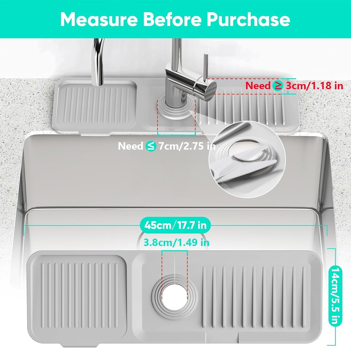 24 Inch Longer Faucet Mat for Kitchen Sink [5° Slope Fast Self-draining]Bathroom Kitchen Sink Splash Guard Silicone Sinks Faucet Mat Splash Guard for Kitchens Sinks Area Tidy Splashs Draining Mats