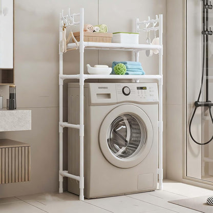 2-Tier Over Washer and Dryer Shelves - Portable Dryer Stand Over Washer with Hooks, Durable Plastic Laundry Organizer for Bathroom/Laundry Room(Black)
