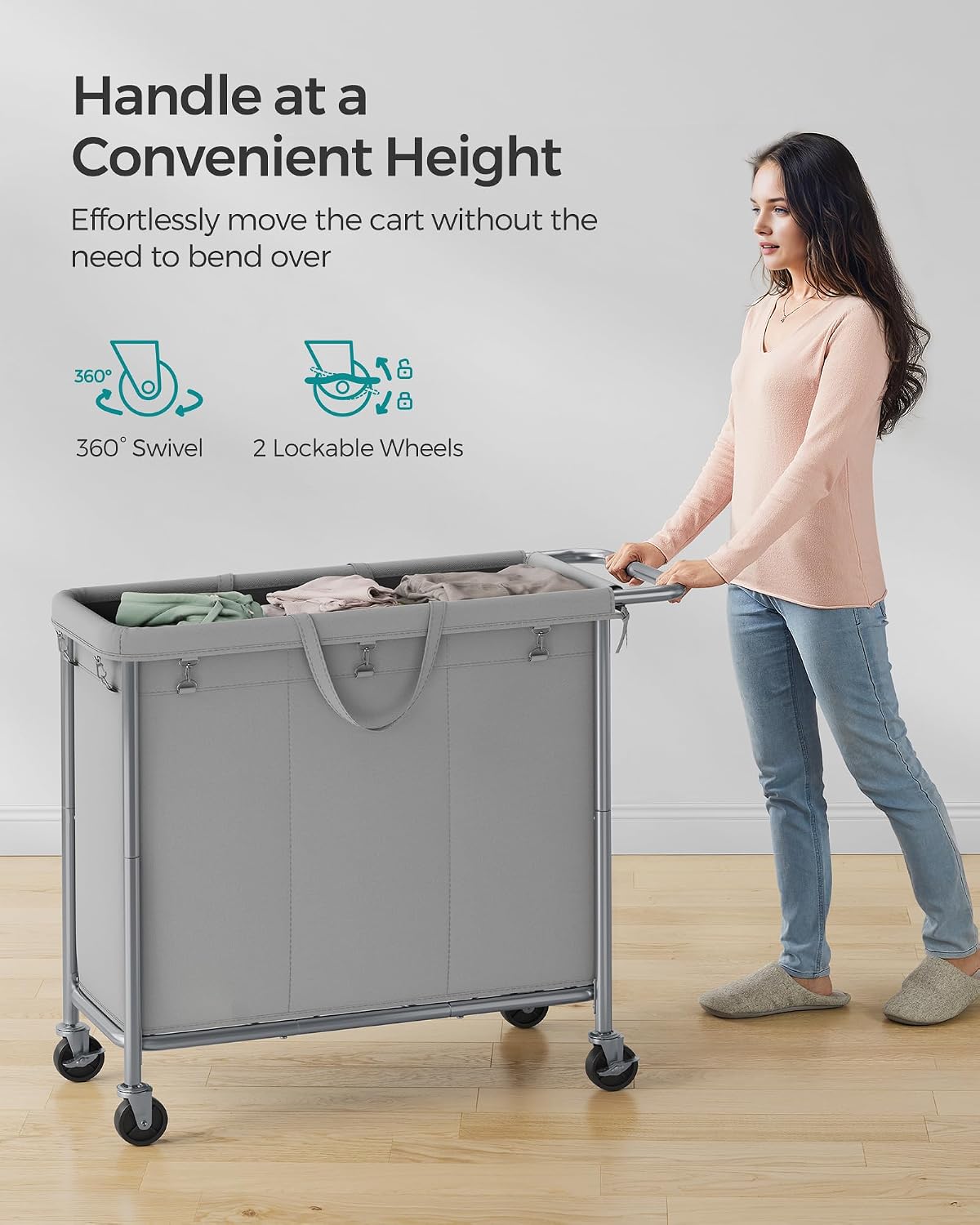 SONGMICS Laundry Basket with Wheels, 4-Section Rolling Laundry Hamper, 68.6 Gallons (260 L), Removable Liner, Steel Frame with Handle, 43.3 x 15.4 x 31.9 Inches, Cream White URLS014W01