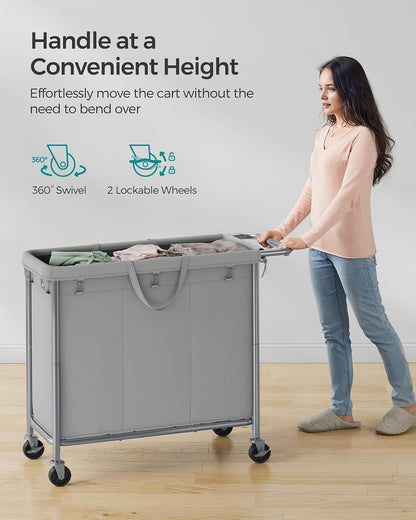 SONGMICS Laundry Basket with Wheels, 4-Section Rolling Laundry Hamper, 68.6 Gallons (260 L), Removable Liner, Steel Frame with Handle, 43.3 x 15.4 x 31.9 Inches, Cream White URLS014W01