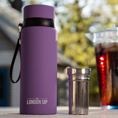 London Sip 25 oz Multi-Function Travel Mug and Tumbler Tea Infuser Water Bottle Fruit Infuser Flask Hot and Cold Double Wall Stainless Steel Coffee Thermos, Zen Black