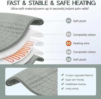 Heating Pad for Period Cramps, Heating Pad for Back/Neck/Shoulder Muscle Pain, 6 Heating&4 Timer Setting, Auto Shut Off, Dry/Moist Heat & Machine Washable, Gray Birthday Christmas Gifts for Women Mom