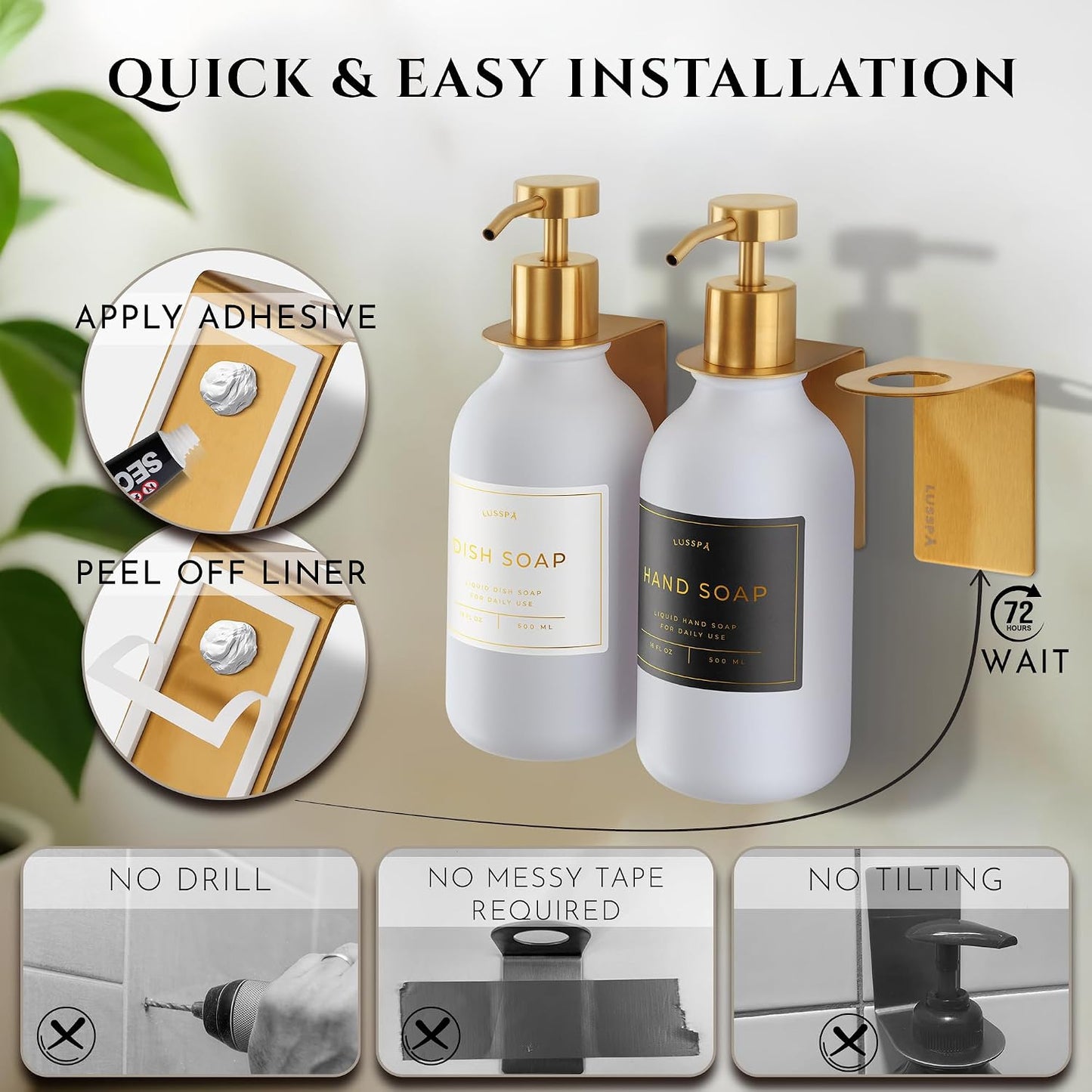 Shower Shampoo Dispenser Wall Mounted – 3 Refillable 16.9 oz Clear Bottles with Stainless Steel Pumps & No-Drill Adhesive Holders – Soap Dispenser Set for Bathroom (3 X Clear/Silver)