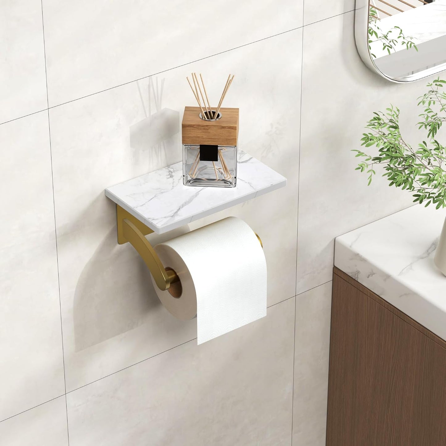 FORIOUS Toilet Paper Holder with Shelf, Natural Marble, Commercial | Brushed Nickel, Wall Mount 304 Stainless Steel Commercial Bathroom Tissue Roll Dispenser, Heavy Duty Washroom Paper Storage