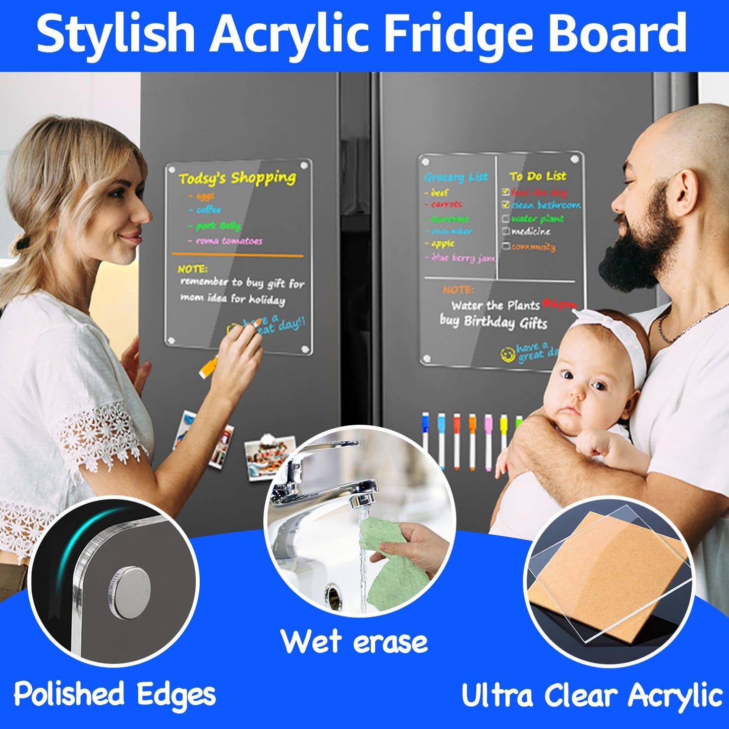 PigPotParty Acrylic Magnetic Chore Chart for Kids, 12x9.5 Inch, 2 Pack | Sleek Clear Acrylic Design, Reward System Builds Habits, Built-In Magnets Require No Installation, 8 Wet-Erase Markers