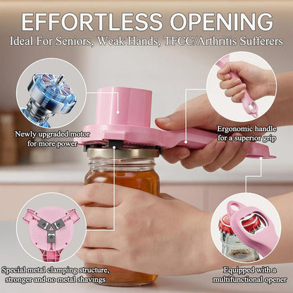 Electric Jar Opener for Seniors with Arthritis, TFCC & Weak Hands Black | Patented Power-Grip Auto-Tighten Manual Lid Opener, Rechargeable 2-in-1 Jar & Bottle Opener with Storage Hook & Non-Slip Pad