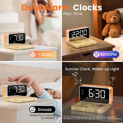 Alarm Clock for Heavy Sleeper,Wireless Charging,Bluetooth Speaker | Dual Alarms for Bedroom,10W Wireless Charging,White Noise Sound Machine, Ideal Gift for Adults,Teens,Kids,Senior (Wood Grain)