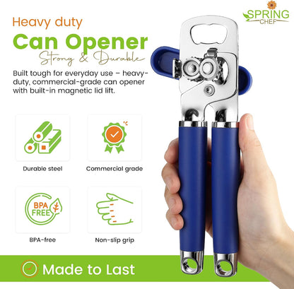 Spring Chef Stainless Steel Manual Can Opener with Soft Grip Handles, Black | Heavy Duty Hand Can Opener for Seniors with Smooth Edge, Easy Turn, 3in1 Can Opener with Magnetic Lid Remover & Bottle Opener