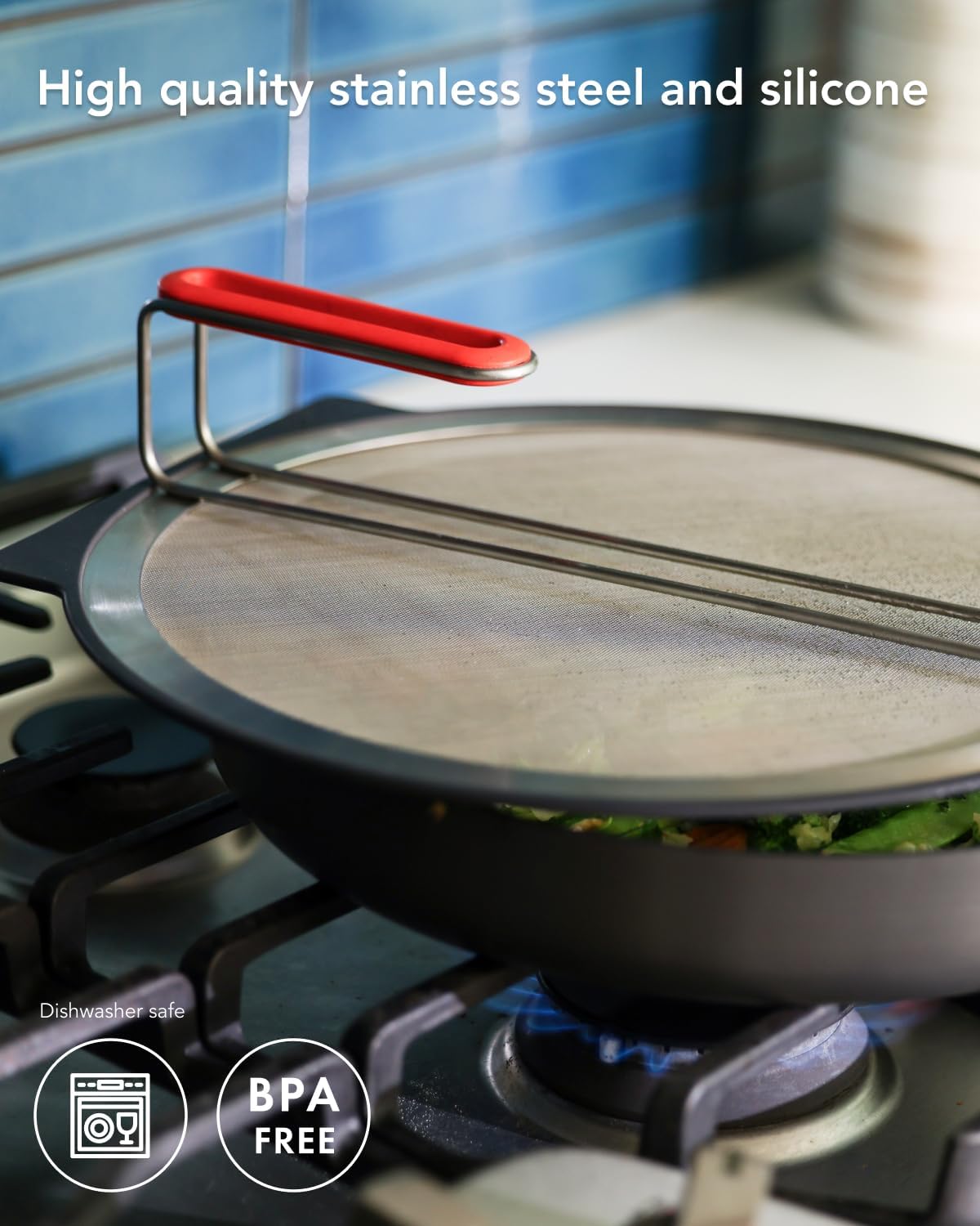 Self-Standing Splatter Screen, Heavy-Duty Stainless Grease Guard | For frying pans & induction cookers, heat-resistant, bpa-free, dishwasher safe, compact storage; blocks splatter
