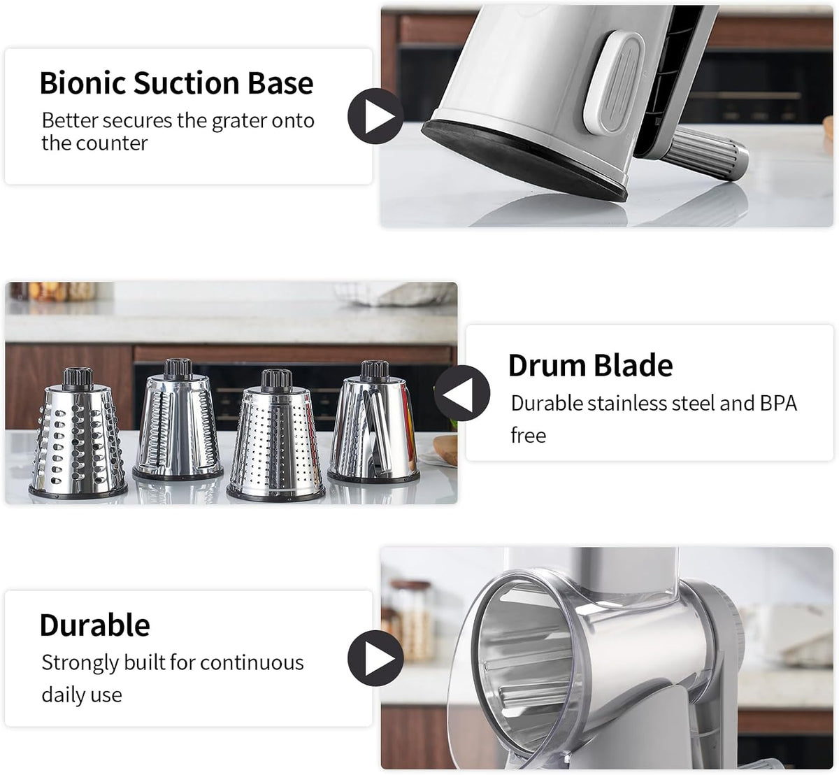 Weltonhm 4 in 1 Large Cheese Grater Hand Crank (White Grey 4 Graters)