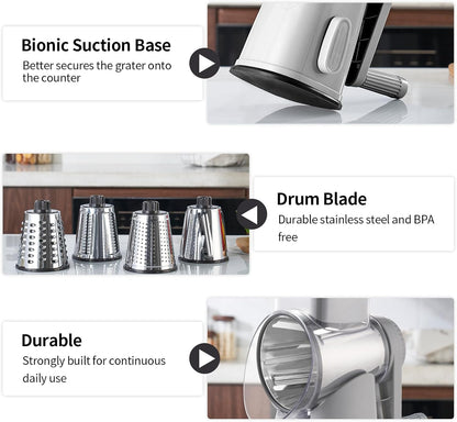 Weltonhm 4 in 1 Large Cheese Grater Hand Crank (White Grey 4 Graters)