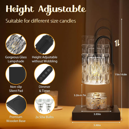 Candle Warmer Lamp with Timer, Electric Candle Warmer for Jar Candles, House Warming Gifts, Modern Home Decor Dimmable Wax Melting Lamp with Large Head, Black, Glass