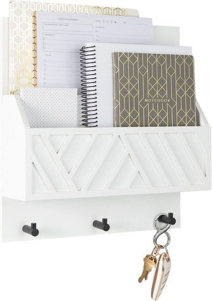 BLU MONACO Wall-Mounted Mail and Key Holder – Natural Wood 2-Tier Letter Organizer with 3 Hooks | Entryway Command Center for Mail, Keys, and Documents