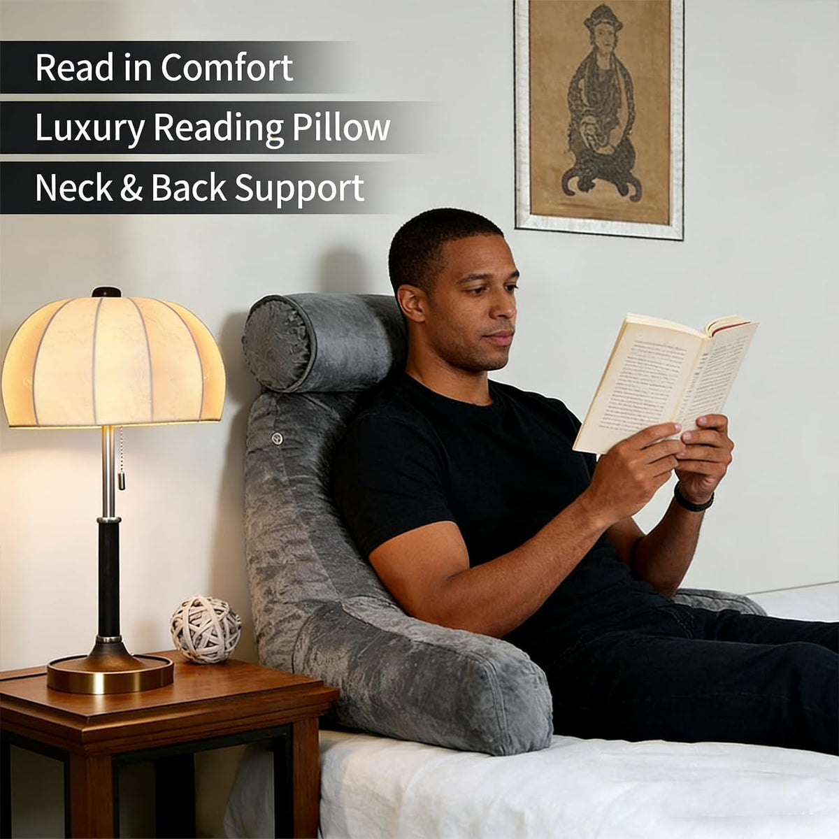 26" Reading Pillow for Sitting Up in Bed, Backrest with Arms