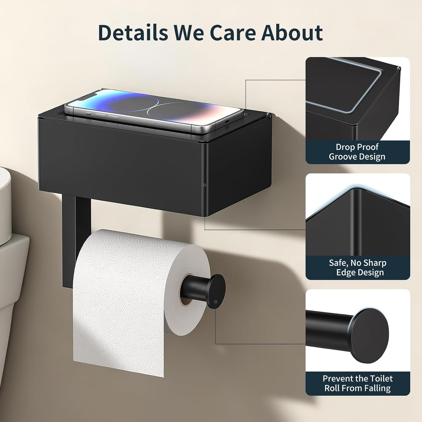 FORIOUS Toilet Paper Holder with Shelf, Wall-Mounted Modern Wipes Dispenser | Brushed Nickel | Toilet Paper Holder with Storage for Bathroom | Fits Wipes, Sanitary Napkin, Tampon | 8.0"x5.3" Large Shelf