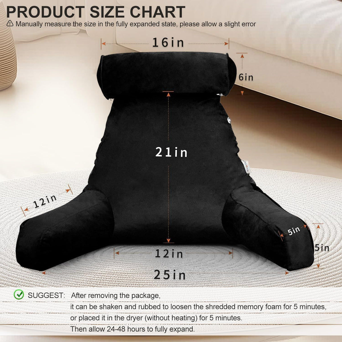 26" Reading Pillow for Sitting Up in Bed, Backrest with Arms