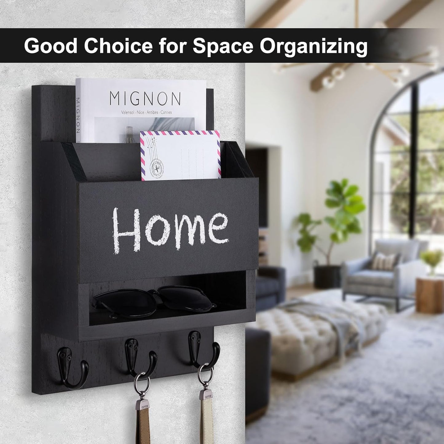 Key and Mail Holder for Wall with Chalkboard and Long Storage Box | Key Holder, Key Hanger with 3 Sturdy Hooks for Coat, Dog Leash, Entryway Mail Organizer