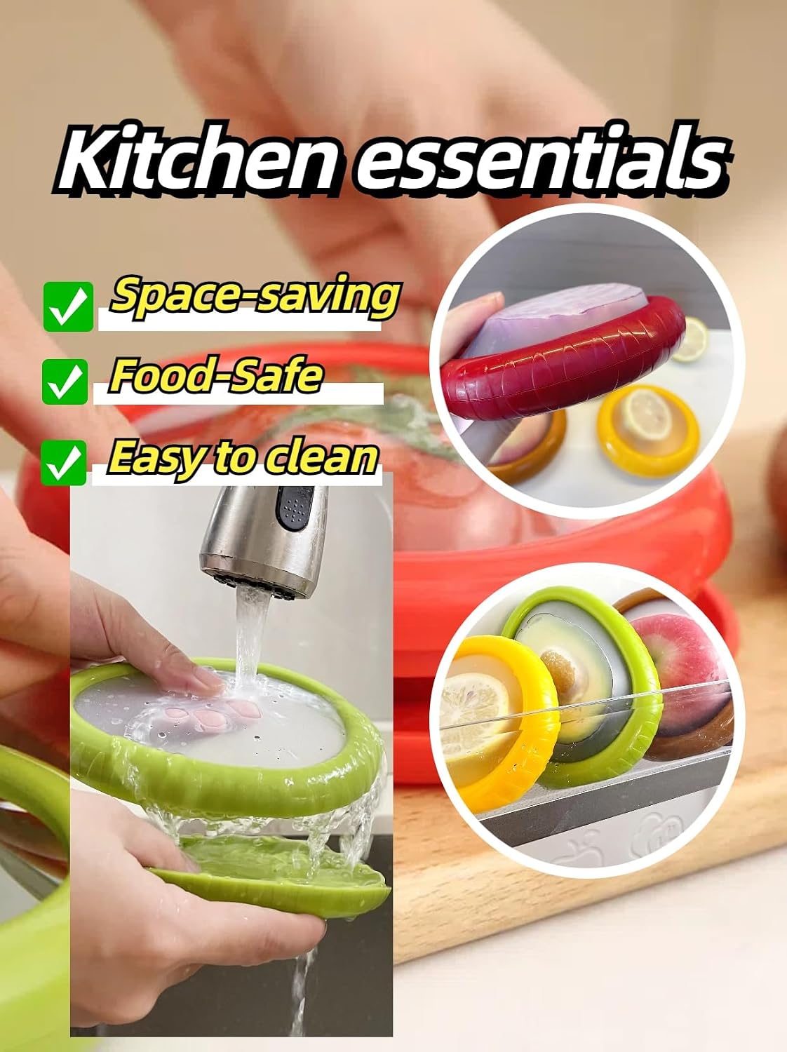 Silicone Avocado Saver Onion Storage, Set of 4 Reusable Fruit Containers for Fridge,Airtight Fresh Vegetable Keeper for Garlic, Onions, Lemon Freshness Box