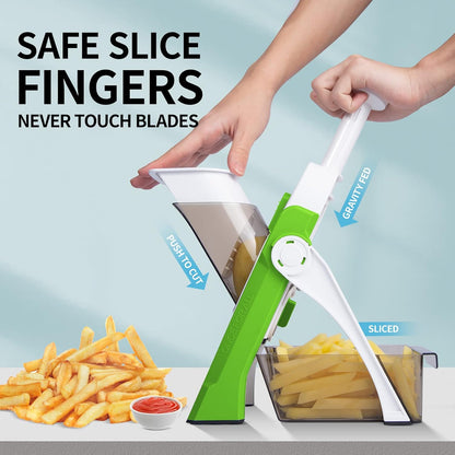 QYKIC Safe Mandoline Slicer Pro for Kitchen, Adjustable Chopper 6 in 1 | Potato Slicer Onion Chopper Fry Cutter Julienne Dicer Large Chute Stainless Steel Blades Detachable Dishwasher Safe Gifts