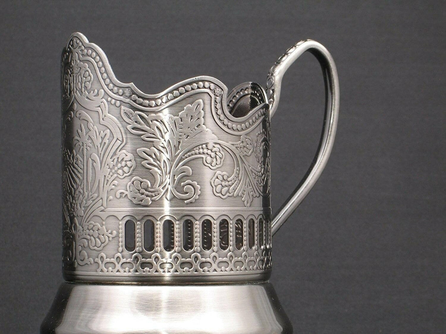 GHOLD Podstakannik for Hot Beverages, Metal Glass Holder w/Handle and Floral Pattern