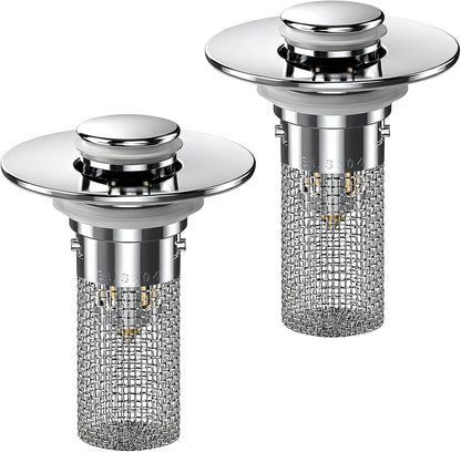 2PCS Bathroom Sink Stopper Hair Catcher, Pop Up Sink Drain Stopper with Strainer & Filter, Universal Drain Plug for Sink Drain & Replacement, Sink Drain Cover with Basket for Bathroom Stopper