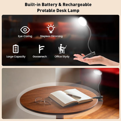 Cordless Rechargeable Clip On Desk Lamp Thick Flexible 360° Gooseneck