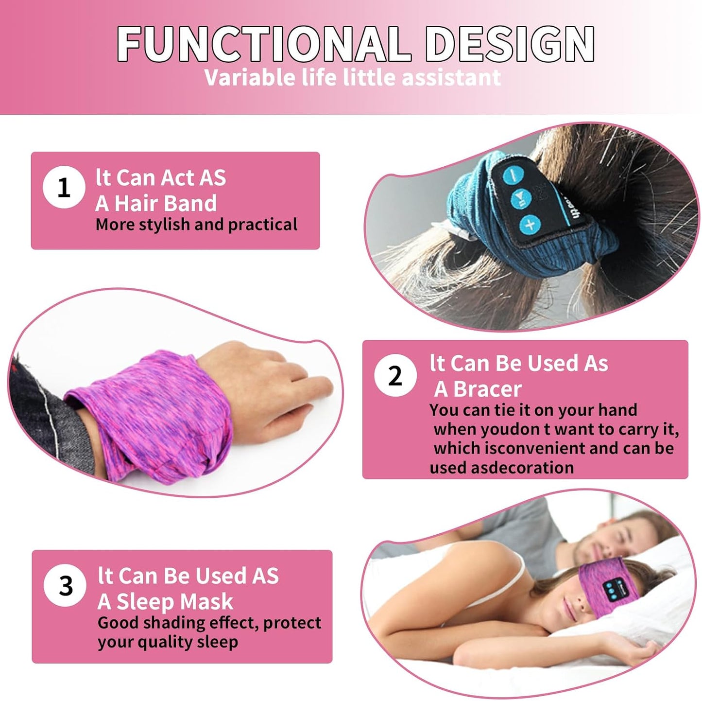 Bluetooth Headphones, Sleep Headphones Headband Wireless for Sleeping Side Sleepers - Adjustable Sleep Headphone, and Bluetooth Headbands for Women (Pink)