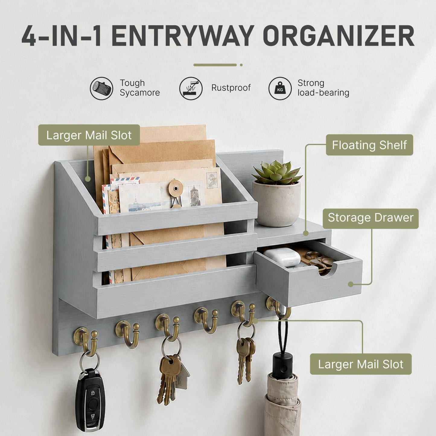 FifthQuarter Key and Mail Holder Wall Mount with Drawer and 6 Sturdy Hooks | Cute Rustic Farmhouse Wooden Key Hanger, Reliable Entryway Organizer for Keys and Daily Essential, Easy Installation, A-White