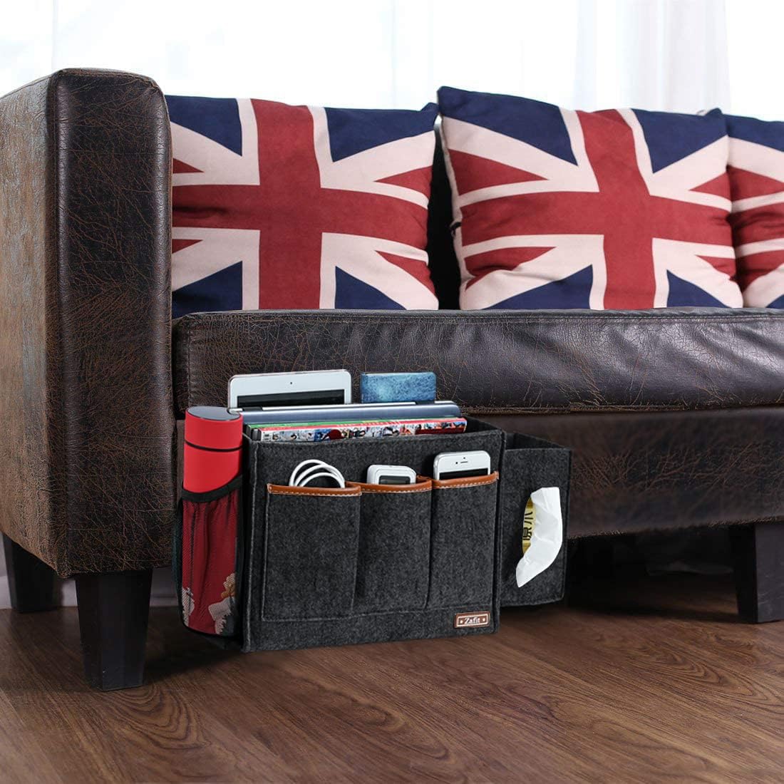 Zafit Bedside Caddy, Large Size Bedside Storage Organizer Bedside Organizer Caddy for Magazine Remotes Phone (13.4'' x 18.1'' Plus Size, Dark Grey)