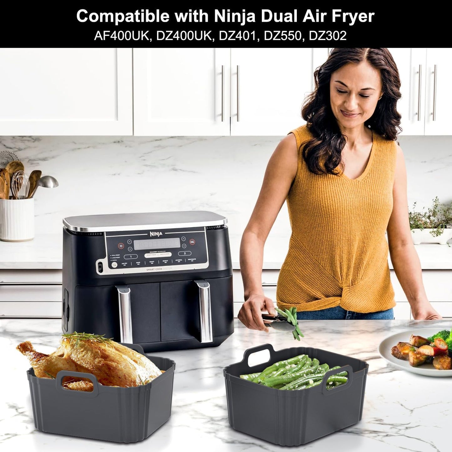 Silicone Air Fryer Liners 2 Pack, Reusable Liners Compatible for Ninja Foodi DZ201, DZ401, DZ550, COSORI, Chefman, Instant Air Fryer, and 6-in-1 8-10QT Air Fryer Baskets