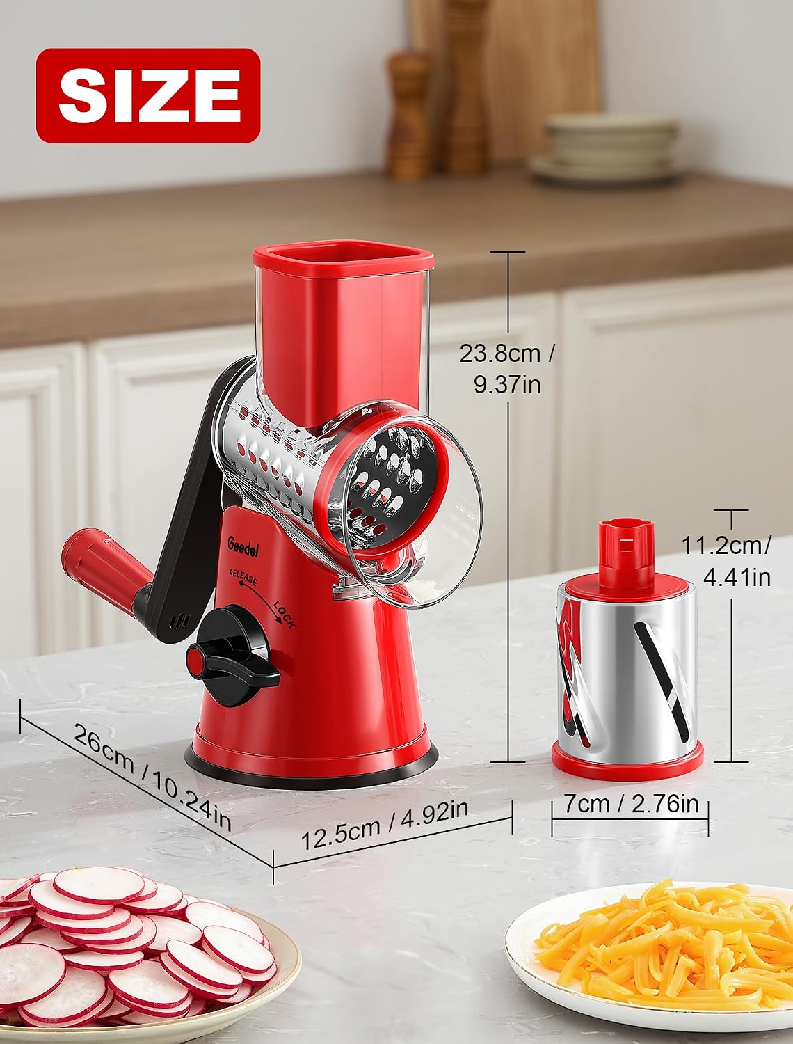 Geedel Rotary Cheese Grater, Kitchen Mandoline Vegetable Slicer with 3 Interchangeable Blades, Easy to Clean Rotary Grater Slicer for Fruit, Vegetables, Nuts | 3 Blades, 430 Stainless Steel, 12x Fast Cutting, Strong Suction Base, No BPA, Dishwasher Safe,